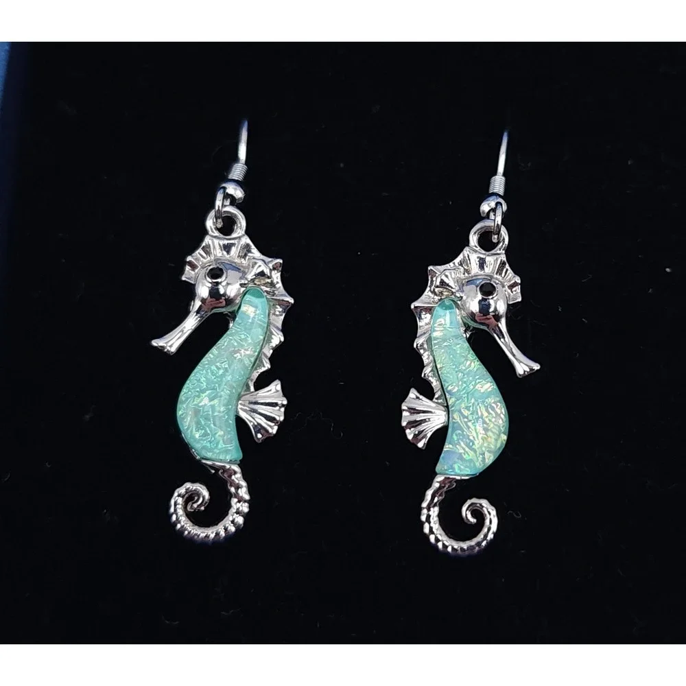 Praymos Seahorse Dangle Earrings Aqua Enamel Silver Tone Nautical Drop Pair - Picture 4 of 5